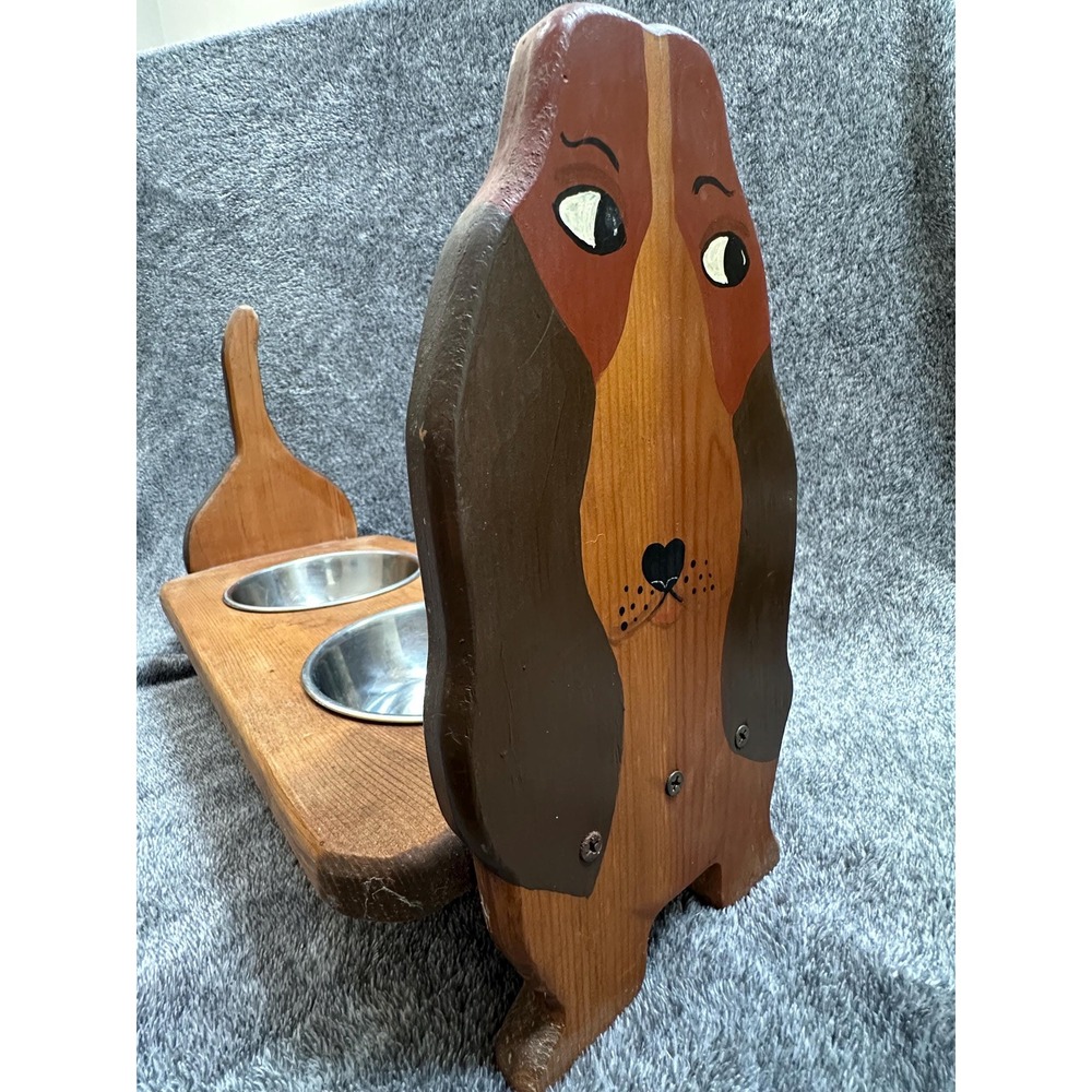 Handmade Wooden Basset Hound Raised Dog Feeder Double Elevated Pet Bowl Stand